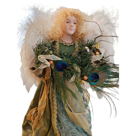 Vintage Christmas Tree Topper Angel Green White Accents Porcelain Feather Wings - Picture 2 of 7